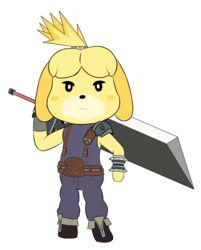  accessory angry animal_crossing anthro buster_sword canid canine canis cloud_stance cloud_strife cosplay domestic_dog female final_fantasy final_fantasy_vii fur hair hair_accessory hi_res holding_melee_weapon holding_object holding_sword holding_weapon isabelle_(animal_crossing) mammal melee_weapon nintendo shih_tzu simple_background solo spiky_hair square_enix super_smash_bros. sword toy_dog weapon white_background windowssa 