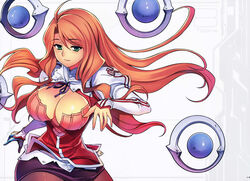  absurdres ahoge blush bow breasts cleavage cleavage_cutout clothing_cutout dress female freezing_(series) gloves green_eyes highres juliet_sleeves kim_kwang_hyun large_breasts long_hair long_sleeves looking_at_viewer no_bra official_art orange_hair pantyhose photoshop_(medium) puffy_long_sleeves puffy_sleeves scan shirt skirt sleeves_past_wrists smile solo tiziana_ferrari 