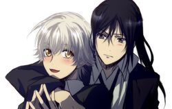  2boys bad_id bad_pixiv_id black_eyes black_hair isana_yashiro k-project mi_k multiple_boys ponytail white_hair yatogami_kurou yellow_eyes 