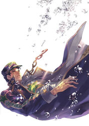  1boy air_bubble bubble chains commentary_request falling hat ishiima_shiro jojo_no_kimyou_na_bouken kujo_jotaro long_coat male_focus solo star_(symbol) submerged underwater 