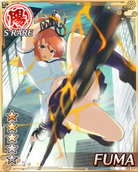  aura breasts brown_eyes building card_(medium) chains character_name city dual_wielding female fuma_(senran_kagura) hair_ribbon holding large_breasts leg_up loafers necktie official_art open_mouth orange_hair ribbon scarf senran_kagura senran_kagura_new_wave shoes short_hair shuriken skirt skyscraper solo thighhighs weapon yaegashi_nan 