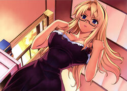  absurdres blonde_hair blue_eyes blush book breasts collarbone dress female flower freezing_(series) glasses hairband highres kim_kwang_hyun large_breasts lips lipstick long_hair makeup official_art photoshop_(medium) rose satellizer_el_bridget scan semi-rimless_eyewear solo under-rim_eyewear window 