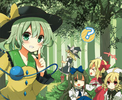  &gt;_&lt; 5girls :o ? apron black_hair blonde_hair blush bow broom capelet closed_eyes commentary_request dress drill_hair forest green_hair hairbow hat hat_ribbon heart kirisame_marisa komeiji_koishi long_hair long_sleeves luna_child multiple_girls nature open_mouth red_eyes ribbon shiroi_hakuto short_hair short_shorts shorts skirt smile star_sapphire sunny_milk third_eye touhou tree twintails vest wide_sleeves witch_hat yellow_eyes 