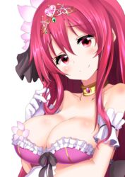  black_bow blush bow breasts cattleya_(flower_knight_girl) choker cleavage closed_mouth collarbone commentary_request female flower_knight_girl frills gloves hair_ribbon highres large_breasts long_hair looking_at_viewer minato_yoshihiro red_eyes red_hair ribbon smile solo tiara upper_body white_background white_gloves yellow_choker 