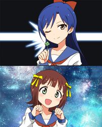  2girls ;) amami_haruka blue_hair bow brown_eyes brown_hair clover cosplay four-leaf_clover green_eyes hair_ribbon hairbow idolmaster idolmaster_(classic) imai_asami kidachi kisaragi_chihaya multiple_girls nakamura_eriko neckerchief newtype_flash one_eye_closed parody pipimi pipimi_(cosplay) poptepipic popuko popuko_(cosplay) red_bow red_neckerchief ribbon school_uniform serafuku short_hair sidelocks smile space split_screen voice_actor_connection yellow_ribbon 