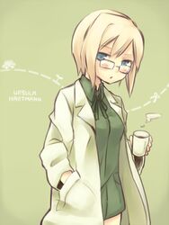  blonde_hair blue_eyes blush bob_cut character_name commentary_request cup female glasses kinosaki_(green_patio) lab_coat mug open_mouth short_hair solo strike_witches:_suomus_misfits_squadron ursula_hartmann world_witches_series 