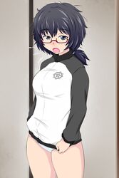  angry black-framed_eyewear black_eyes black_hair blue_panties commentary_request cowboy_shot embarrassed emblem female girls_und_panzer glasses indoors jacket jimiko looking_at_viewer messy_hair no_pants open_mouth oryou_(girls_und_panzer) panties ponytail raglan_sleeves sakamoto_clan_(emblem) semi-rimless_eyewear shirt_tug short_hair solo standing tanaka_rikimaru track_jacket under-rim_eyewear underwear 