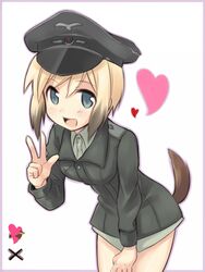  :d blonde_hair blue_eyes bob_cut brown_hair commentary_request dachshund dog_girl dog_tail erica_hartmann female gradient_hair hat heart kinosaki_(green_patio) military military_uniform multicolored_hair open_mouth peaked_cap short_hair smile solo strike_witches tail uniform v world_witches_series 