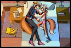  adolescent age_difference alternative_fashion anthro bed black_border border bottomwear canid canine cesar23 clothing duo female fox furniture generation_1_pokemon hi_res hotel hotel_room lolicon love male mammal nintendo nyx_(cesar23) pikachu pokemon pokemon_(species) red_fox sebastian_(cesar23) shorts size_difference story true_fox young young_anthro 