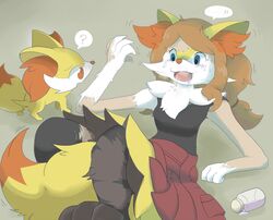  2014 blue_eyes bodily_fluids bottle bottomwear braixen braixrena breasts brown_body brown_fur brown_hair canid canine clothing confusion container crying drooling duo exclamation_point female fennekin fluffy fur generation_6_pokemon growth hair human_to_anthro inner_ear_fluff mammal milk milk_bottle milk_container multicolored_body multicolored_fur nintendo orange_body orange_eyes orange_fur pokemon pokemon_(species) pokemon_trainer question_mark saliva sami_(pixiv) serena_(pokemon) simple_background skirt snout species_transformation tail tail_growth tears torn_clothing transformation tuft two_tone_body two_tone_fur white_body white_fur yellow_body yellow_fur 