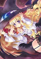  2girls azuma_hatsumi black_hair blonde_hair blouse blunt_bangs bow carnelian cover dvd_cover garter_straps hair_ribbon hairbow hat holding_hands interlocked_fingers lace lace-trimmed_legwear lace_trim lilith_(yamibou) long_hair lowres multiple_girls official_art parted_bangs purple_eyes red_eyes ribbon shirt siblings sisters skirt thighhighs tress_ribbon witch_hat yami_to_boushi_to_hon_no_tabibito zettai_ryouiki 