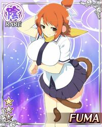  animal_ears arm_support breasts brown_eyes card_(medium) character_name female fuma_(senran_kagura) hair_ribbon large_breasts monkey monkey_ears monkey_tail necktie official_art orange_hair ribbon scarf senran_kagura senran_kagura_new_wave short_hair skirt solo tail yaegashi_nan 