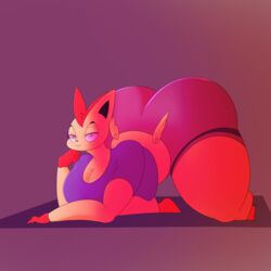  1:1 abstract_background all_fours anthro ass ass_up big_butt breasts clothed clothing curvy_figure female generation_5_pokemon hi_res huge_butt legendary_pokemon looking_at_viewer nintendo pokemon pokemon_(species) simple_background smile smug solo thick_thighs toot victini voluptuous wide_hips 