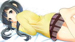  aiura bad_id bad_pixiv_id barefoot black_hair blush brown_eyes female long_hair looking_at_viewer low_twintails lying mokyutan on_stomach school_uniform skirt smile solo sweater twintails uehara_ayuko 