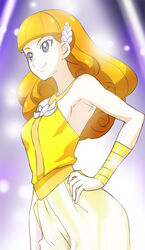  amanogawa_stella armpits bare_shoulders blue_eyes blunt_bangs breasts cowboy_shot curly_hair female from_side go!_princess_precure hair_ornament halterneck hand_on_own_hip haruyama_kazunori light_particles light_smile long_hair looking_to_the_side orange_hair precure small_breasts smile solo vambraces 