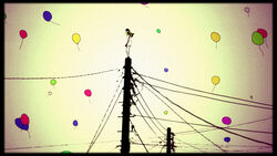  1boy bad_id bad_pixiv_id bag balloon black_border border commentary_request fading_border hat headphones highres male_focus meola on_top_of_pole onodera_punpun oyasumi_punpun photoshop_(medium) power_lines scarf sepia silhouette solo standing striped_clothes striped_scarf utility_pole wide_shot 