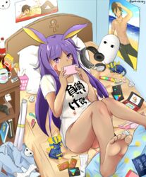  &lt;o&gt;_&lt;o&gt; animal_ears ankh bad_feet bad_perspective barefoot bed bedroom blanket blue_shirt book bookshelf bottle bottomless breasts candy candy_wrapper casual cellphone chips_(food) cleavage clothes_writing coffee_mug collared_shirt commentary controller convenient_leg covering_own_mouth cup dark-skinned_female dark_skin dress_shirt eraser facial_mark fate/grand_order fate/prototype fate/prototype:_fragments_of_blue_and_silver fate_(series) feet female figure food food_wrapper gift_card google_play hadoukirby hair_ornament hairclip hairpin handheld_game_console hands_up headphones headphones_removed heart highres indoors kara_no_kyoukai loaded_interior long_hair looking_at_viewer lying magic:_the_gathering medium_breasts medjed_(fate) messy_room mug nintendo_3ds nitocris_(fate) on_back on_bed ozymandias_(fate) panties phone pillow pink_panties poster_(object) purple_eyes purple_hair rabbit_ears shirt short_sleeves snack socks soda soda_bottle solo sparkle sphinx sphinx_awlad t-shirt tissue tissue_box translated twitter_username underwear unworn_hair_ornament unworn_hairclip unworn_panties unworn_shirt very_long_hair white_shirt white_socks you_work_you_lose 