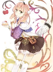  amacha atelier_(series) atelier_escha_&amp;_logy bad_id bad_pixiv_id bracelet braid cake dessert escha_malier female food food_on_face frown green_eyes highres jewelry looking_back pink_hair plate short_hair skirt solo thighhighs twintails white_thighhighs zettai_ryouiki 