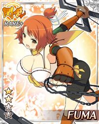  armor black_legwear breasts brown_eyes card_(medium) chains character_name cleavage dual_wielding female fuma_(senran_kagura) hair_ribbon holding large_breasts official_art open_mouth orange_hair ribbon scarf senran_kagura senran_kagura_new_wave short_hair shuriken solo weapon yaegashi_nan 