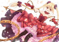  bare_shoulders black_pantyhose blonde_hair blurry blurry_foreground bow braid breasts chains cleavage commentary_request darwin&#039;s_game depth_of_field detached_collar dress dutch_angle feet_out_of_frame female frilled_dress frills gloves hairbow layered_dress long_hair looking_at_viewer medium_breasts official_art open_mouth outstretched_arms pantyhose petals purple_bow red_dress red_eyes red_gloves shuka_(darwin&#039;s_game) smile solo strapless strapless_dress takahata_yuki twin_braids twintails very_long_hair white_background 