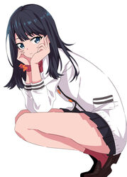  black_hair blue_eyes bow commentary female gridman_universe highres long_hair long_sleeves microskirt orange_scrunchie red_bow school_uniform scrunchie shiime simple_background skirt socks solo ssss.gridman takarada_rikka white_background wrist_scrunchie 