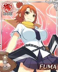  breasts brown_eyes card_(medium) chains character_name dual_wielding female fuma_(senran_kagura) hair_ribbon hanzou_academy_uniform holding large_breasts legs necktie official_art orange_hair ribbon scarf senran_kagura senran_kagura_new_wave short_hair shuriken skirt smile solo weapon yaegashi_nan 