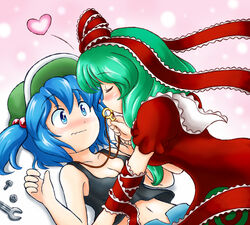  2girls bare_shoulders blue_eyes blue_hair blush bow breasts cleavage closed_eyes collarbone commentary_request crop_top dress embarrassed front_ponytail green_hair hair_bobbles hair_ornament hair_ribbon hairbow hat heart jewelry kagiyama_hina kawashiro_nitori key key_necklace kissing long_hair lying medium_breasts midriff multiple_girls navel necklace nitamago nose_blush on_back pants puffy_short_sleeves puffy_sleeves red_dress ribbon screw short_hair short_sleeves simple_background tank_top touhou two_side_up wavy_mouth wrench wrist_ribbon yuri 