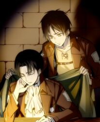  2boys ascot bad_id bad_pixiv_id black_hair blanket brown_hair eren_yeager head_rest jacket levi_(shingeki_no_kyojin) mi_k multiple_boys paradis_military_uniform shingeki_no_kyojin sleeping yellow_eyes 