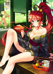  3girls :d arm_support barefoot blonde_hair blurry blush breasts brown_eyes bucchake_(asami) bush closed_mouth collarbone commentary_request cup depth_of_field double_bun facial_mark hair_bun hide_yoshino high_ponytail holding japanese_clothes kimono kiseru large_breasts long_hair looking_at_viewer maeda_toshiie_(sengoku_otome) multiple_girls oda_nobunaga_(sengoku_otome) off_shoulder open_mouth red_hair sakazuki sengoku_otome sitting smile smoking_pipe standing tree upside-down v-shaped_eyebrows very_long_hair whisker_markings white_hair yukata 