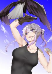  :d alternate_costume animal arm_up armpits azur_lane bald_eagle bird black_ribbon blue_sky breasts brown_gloves cloud collarbone commentary_request day eagle enterprise_(azur_lane) falconry female gloves grim_(azur_lane) hair_ribbon highres large_breasts long_hair looking_up open_mouth outdoors pirapirapirapira ponytail ribbon sidelocks single_glove sky sleeveless smile solo talons tank_top teeth upper_body upper_teeth_only white_hair 