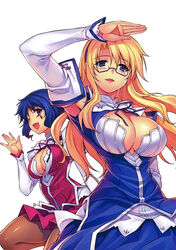  2girls absurdres blonde_hair blue_eyes blush bow breasts cleavage cleavage_cutout clothing_cutout detached_sleeves freezing_(series) glasses hairband highres kim_kwang_hyun large_breasts long_hair long_skirt long_sleeves looking_at_viewer multiple_girls no_bra official_art one_eye_closed open_mouth pantyhose photoshop_(medium) pleated_skirt purple_eyes rana_linchen satellizer_el_bridget semi-rimless_eyewear shirt skirt sleeves_past_wrists tattoo under-rim_eyewear 