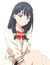  black_hair black_skirt blue_eyes bow cardigan commentary copyright_name female gridman_universe highres long_hair long_sleeves looking_at_viewer microskirt open_mouth pre3445 red_bow school_uniform skirt solo ssss.gridman takarada_rikka 