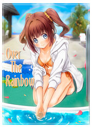  bad_id bad_pixiv_id barefoot bikini blue_eyes blush brown_hair chika_(orange_pop) female front-tie_top hood hoodie idolmaster idolmaster_(classic) kneeling looking_at_viewer orange_bikini pool short_hair side-tie_bikini_bottom smile solo swimsuit takatsuki_yayoi twintails water 