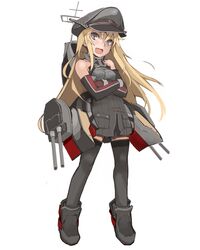  :d aged_down bare_shoulders bismarck_(kancolle) blonde_hair blue_eyes commentary_request crossed_arms detached_sleeves female full_body goichi grey_thighhighs hat kantai_collection long_hair long_sleeves machinery military military_uniform oerba_yun_fang open_mouth peaked_cap simple_background smile solo thighhighs turret uniform very_long_hair white_background zettai_ryouiki 