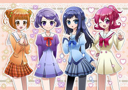  4girls :d aida_mana alternate_costume black_pantyhose blue_eyes blue_hair braid bug butterfly clenched_hand cokata commentary_request crossover dokidoki!_precure fresh_precure! futari_wa_precure_splash_star half_updo hand_on_own_hip heart heartcatch_precure! hishikawa_rikka kenzaki_makoto l&#039;ecole_des_cinq_lumieres_school_uniform long_hair multiple_girls myoudou_gakuen_middle_school_uniform one_eye_closed open_mouth orange_eyes orange_hair pantyhose patterned_background photoshop_(medium) pink_eyes pink_hair precure purple_eyes purple_hair sailor_collar school_uniform short_hair smile sparkle star_(symbol) torigoe_gakuen_school_uniform white_sailor_collar yes!_precure_5 yotsuba_alice yuunagi_middle_school_uniform 