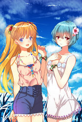  2girls ayanami_rei blue_eyes blue_hair casual commentary_request flower hair_flower hair_ornament jewelry long_hair looking_at_viewer multiple_girls necklace neon_genesis_evangelion ocean open_mouth orange_hair outdoors photoshop_(medium) red_eyes short_hair souryuu_asuka_langley zonana 