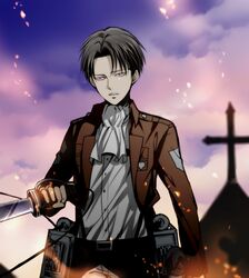  1boy ascot bad_id bad_pixiv_id black_hair curtained_hair fire jacket levi_(shingeki_no_kyojin) male_focus mi_k paradis_military_uniform red_eyes shingeki_no_kyojin smoke solo sword weapon 