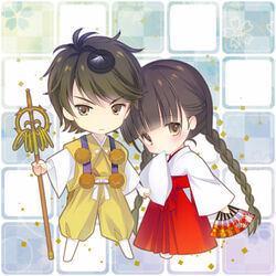  1boy blunt_bangs braid brown_eyes brown_hair chibi commentary_request female hakama hakama_skirt hand_fan hand_to_own_mouth hat japanese_clothes kimono long_hair miko nano00 photoshop_(medium) pom_pom_(clothes) rdg_red_data_girl red_hakama sagara_miyuki shakujou short_hair skirt staff suzuhara_izumiko tokin_hat twin_braids yuigesa 