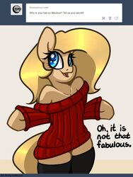  2015 backy_(mlp) bottomless clothed clothing earth_pony english_text equid equine fan_character female feral hasbro hi_res horse legwear mammal my_little_pony pony shirt slavedemorto smile solo stockings sweater text topwear tumblr 