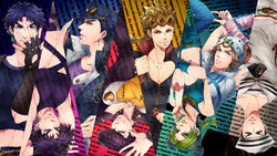  6+boys bad_id bad_pixiv_id battle_tendency blonde_hair blue_eyes blue_hair chains closed_mouth diamond_wa_kudakenai female gakuran giorno_giovanna giorno_giovanna&#039;s_pose_(jojo) green_eyes green_hair green_nails hat higashikata_josuke higashikata_josuke_(jojolion) highres horseshoe johnny_joestar jojo_no_kimyou_na_bouken jojo_pose jojolion jonathan_joestar jonathan_joestar&#039;s_pose_(jojo) joseph_joestar joseph_joestar_(young) kujo_jotaro multicolored_hair multiple_boys nail_polish phantom_blood pompadour pose school_uniform shikimi_rau short_hair stardust_crusaders steel_ball_run stone_ocean upside-down vento_aureo yellow_eyes 