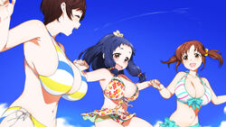  3girls :d ^_^ bare_shoulders bikini blue_hair blush breasts brown_eyes brown_hair cleavage closed_eyes commentary day front-tie_bikini_top front-tie_top hair_ornament holding_hands idolmaster idolmaster_cinderella_girls large_breasts long_hair multiple_girls navel ohnuma_kurumi oikawa_shizuku open_mouth pole_(ppp1409) short_hair side-tie_bikini_bottom sideboob sky smile striped_bikini striped_clothes swimsuit totoki_airi twintails wavy_mouth 