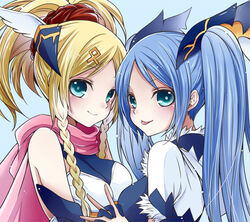  2girls blonde_hair blue_eyes blue_hair braid commentary_request elbow_gloves from_side gloves hair_ornament hairclip holding_hands idunn_&amp;_idunna interlocked_fingers multiple_girls photoshop_(medium) ponytail puzzle_&amp;_dragons scarf siblings takoyaki_kenken taut_clothes tongue tongue_out twins twintails upper_body 