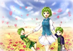  2boys aplche blue_eyes brothers closed_eyes commentary_request dress family female field fire_emblem fire_emblem:_the_binding_blade fire_emblem:_the_blazing_blade flower flower_field green_hair holding holding_hands lugh_(fire_emblem) mother_and_son multiple_boys nino_(fire_emblem) outdoors petals raigh_(fire_emblem) siblings smile twins 