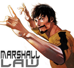  1boy beard black_hair bruce_lee&#039;s_jumpsuit character_name commentary_request doraji facial_hair fighting_stance highres jumpsuit male_focus marshall_law moustache orange_jumpsuit photoshop_(medium) solo tekken 