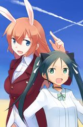  2girls :d animal_ears black_hair blue_eyes blue_sky cat_ears cat_girl charlotte_e._yeager choker commentary_request day francesca_lucchini green_eyes hair_ribbon kinosaki_(green_patio) long_hair military military_uniform multiple_girls oerba_yun_fang open_mouth orange_hair rabbit_ears rabbit_girl ribbon sky smile strike_witches twintails uniform world_witches_series 