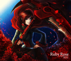  artist_name black_hair cape character_name commentary_request crescent_rose female flower gradient_hair meroz multicolored_hair petals photoshop_(medium) red_flower red_hair red_rose rose rose_petals ruby_rose rwby scythe short_hair solo weapon 