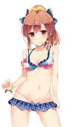  bare_arms bikini bikini_pull blush bow breasts brown_hair cleavage clothes_pull collarbone commentary_request cure_slum female girlfriend_(kari) hair_ornament hairbow hairclip looking_at_viewer md5_mismatch medium_breasts miniskirt navel ponytail red_eyes resolution_mismatch sakurai_akane_(girlfriend) skirt solo source_larger stomach swimsuit thighs 