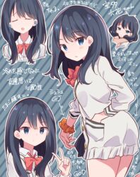  arrow_(symbol) ass black_hair blue_eyes blush bow bowtie cardigan closed_eyes commentary_request earphones female gridman_universe hand_in_pocket hidejiu long_hair long_sleeves looking_at_viewer looking_back multiple_views open_mouth red_bow red_bowtie school_uniform scrunchie smile ssss.gridman striped striped_background takarada_rikka translation_request v wing_collar wrist_scrunchie 