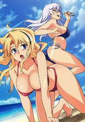  2girls :d absurdres aflame_inferno ahoge all_fours ass barefoot beach bikini blonde_hair blue_bikini breasts brown_eyes cleavage day freezing_(series) gehenna glasses hairband highres kim_kwang_hyun large_breasts long_hair multiple_girls open_mouth outdoors photoshop_(medium) red_bikini satellizer_el_bridget side-tie_bikini_bottom sideboob silver_hair smile sunlight sweat swimsuit 