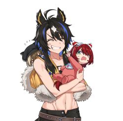  3girls aged_down ahoge anger_vein animal_ear_piercing animal_ears bib black_hair black_hat blue_hair brown_hair cheval_grand_(umamusume) clenched_teeth collarbone commentary_request ear_covers ear_ornament feather_hair_ornament feathers flying_sweatdrops fukuro_(maruaru00) fur_trim genderswap_(mtf) green_eyes groin hair_between_eyes hair_ornament hat heart&#039;s_cry_(racehorse) highres holding horse_ears horse_girl horse_tail long_hair multicolored_hair multiple_girls navel one_eye_closed original peaked_cap personification red_hair rule_63 short_hair_with_long_locks simple_background streaked_hair tail teeth toddler toned toned_female umamusume white_background white_hair win_variation_(umamusume) 